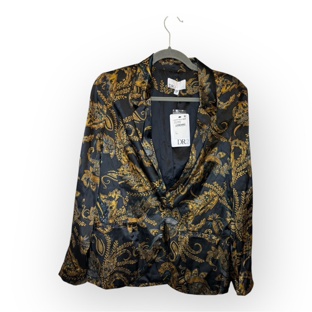 DR2 Black Gold Paisley Blazer Baroque Pattern Evening Party Jacket Medium NWT